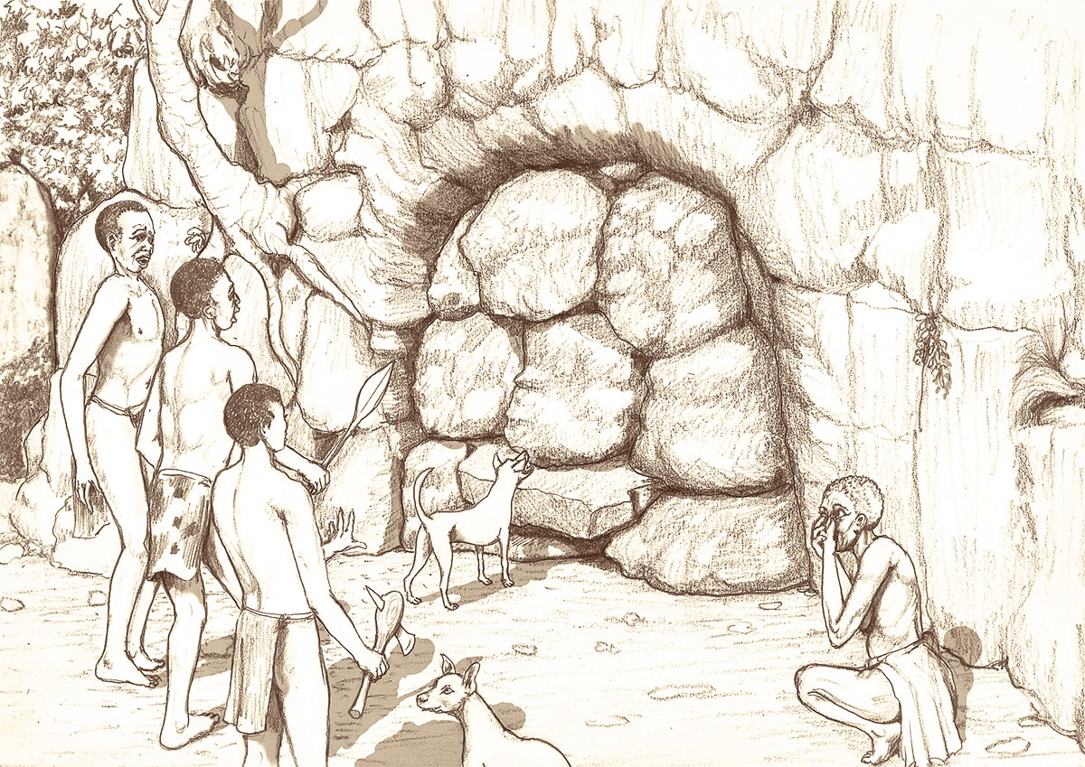 The king’s dog led the way to a cave with the entrance blocked by large boulders.